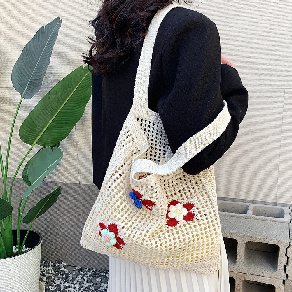 Дамски куха вязаная чанта през рамо, цвете чанта, проста вязаная плетене на една кука за чанта, дизайнерски ръчно изработени чанти, дамски чанти с върха на химикалка, портфейл1