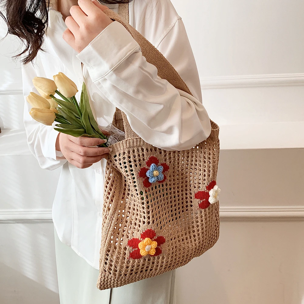 Дамски куха вязаная чанта през рамо, цвете чанта, проста вязаная плетене на една кука за чанта, дизайнерски ръчно изработени чанти, дамски чанти с върха на химикалка, портфейл2