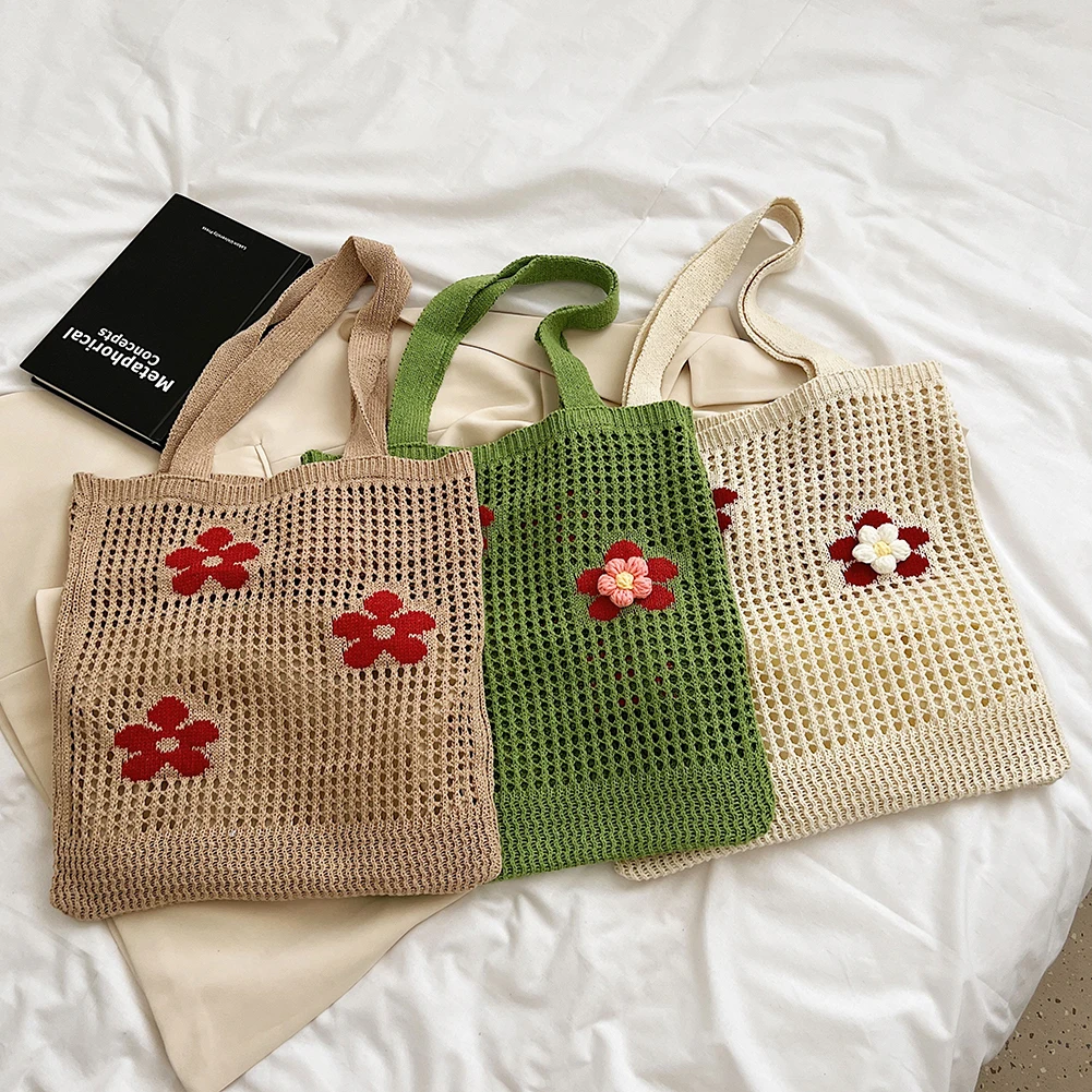 Дамски куха вязаная чанта през рамо, цвете чанта, проста вязаная плетене на една кука за чанта, дизайнерски ръчно изработени чанти, дамски чанти с върха на химикалка, портфейл3
