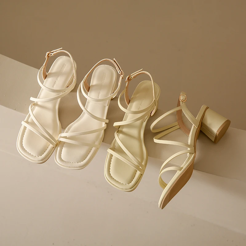 Дамски сандали, елегантни летни чехли на квадратен ток, кожени дамски слайдове с появата на шнур, модни дамски сандали 20234
