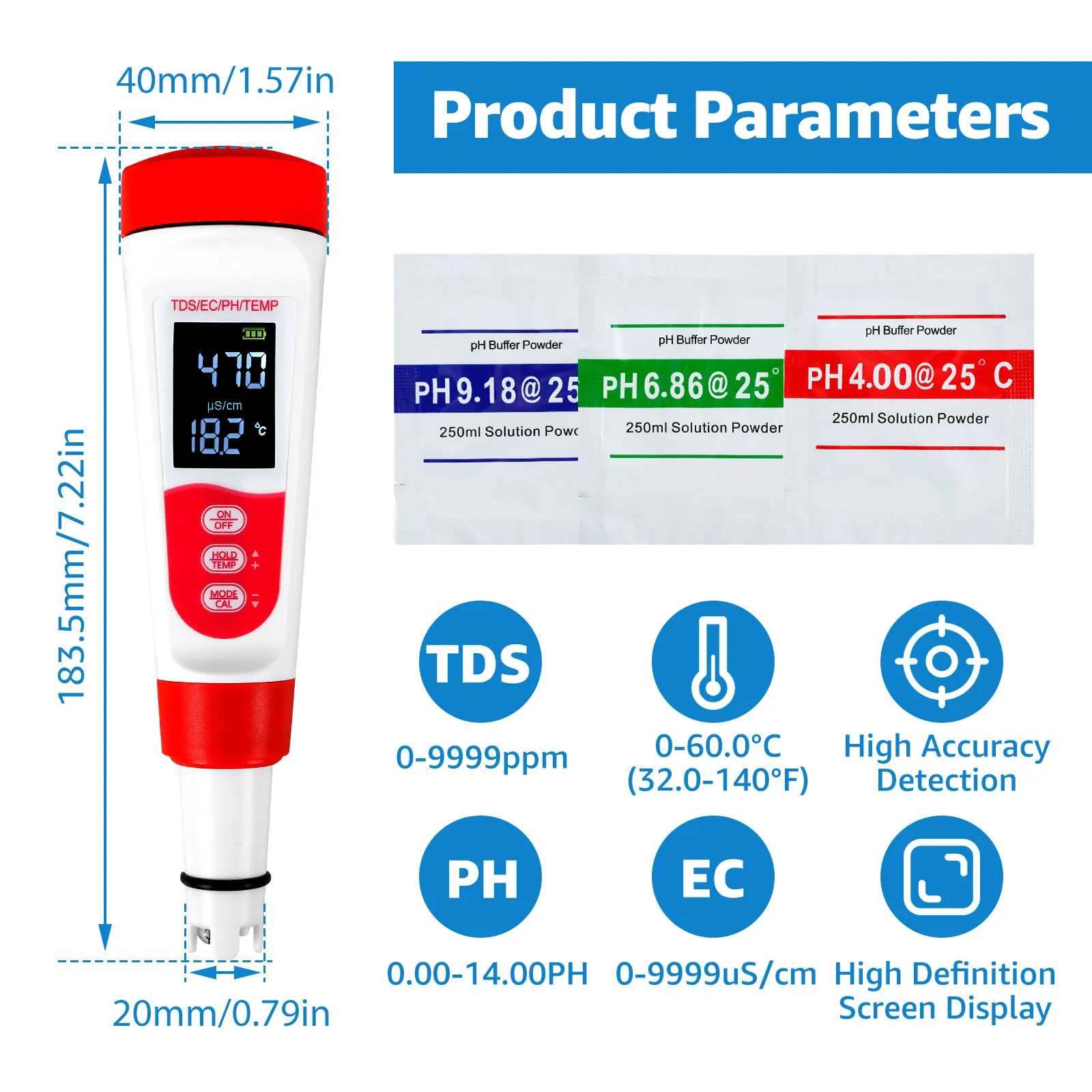 Нов цифров измерител на PH/TDS/EC/температура 4 в 1 тестер за качеството на водата с подсветка, IP65 Водоустойчив, висока точност на1