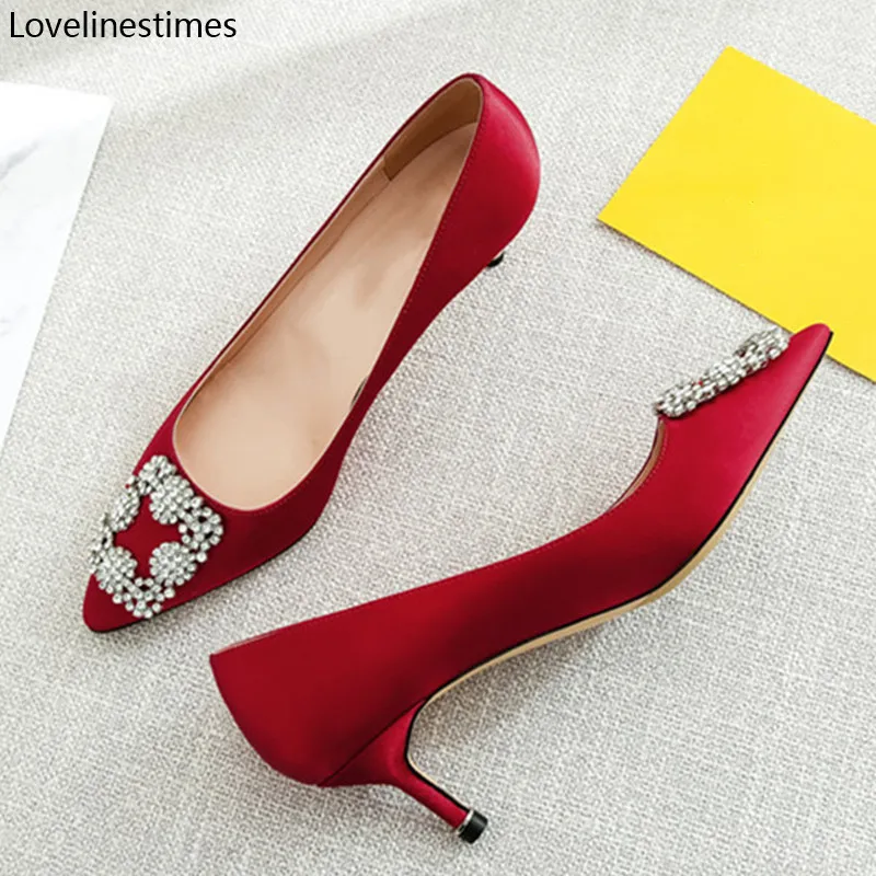 Червени обувки на висок ток, женски основни обувки-лодка 2023, червен сатен е тъкан, брилянтна работа обувки с диамантена тока, Модни пикантни женски обувки-лодка1