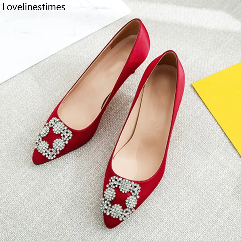 Червени обувки на висок ток, женски основни обувки-лодка 2023, червен сатен е тъкан, брилянтна работа обувки с диамантена тока, Модни пикантни женски обувки-лодка4