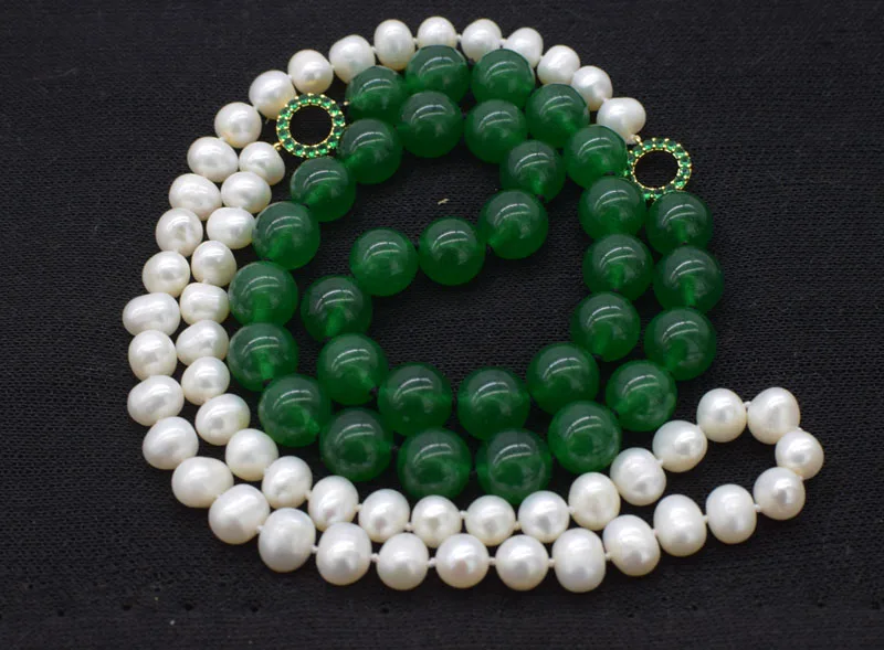 сладководни перли с кръгла форма, 8-9 мм и зелен/червен нефрит 12 мм верижки и колиета природа на едро мъниста 32 инча1