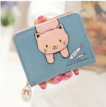 Жена чантата със сладък котка, малка чантата си, за момичета с цип, фирмен дизайн, дамски портфейл от изкуствена кожа, женски държач за карти, портфейл Billetera
